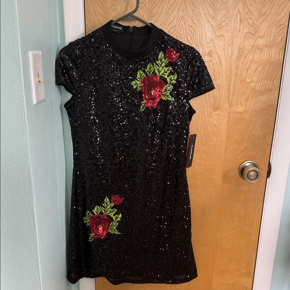 bebe Black Sequin Dress with Red and Green Floral Design